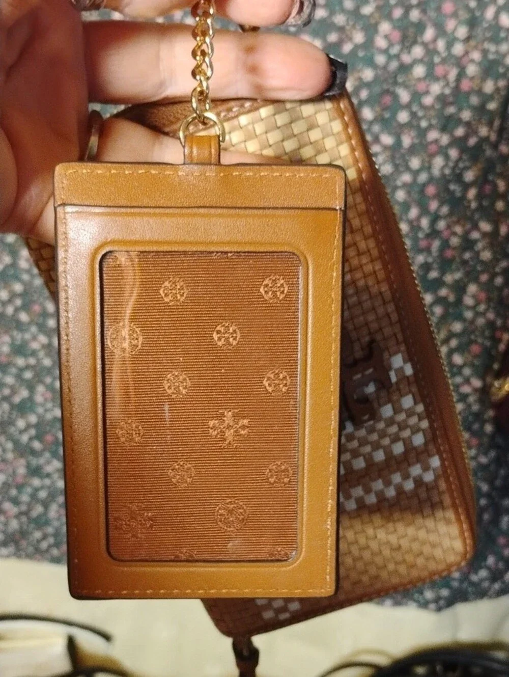 Tory Burch Tan and White Woven Zip Wallet And Card Holder On A Chain